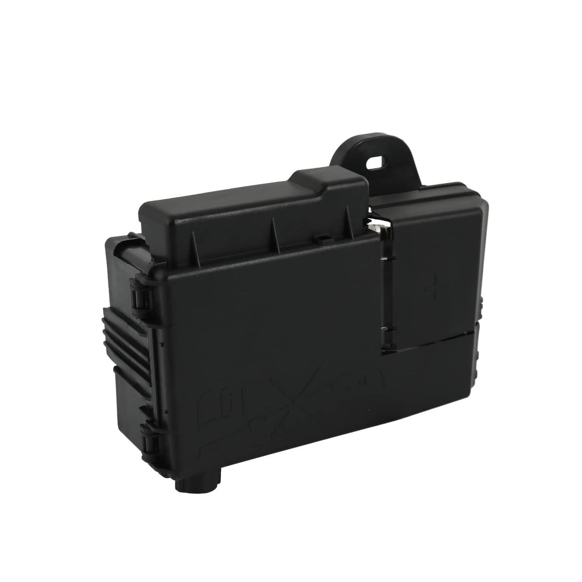 Black plastic fuse block terminal module with top handle and wiring socket