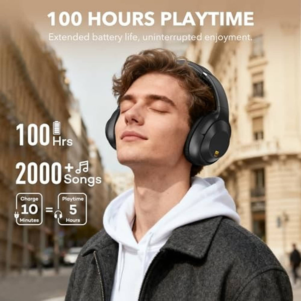 Black over-ear headphones on a person with padded headband and ear cups