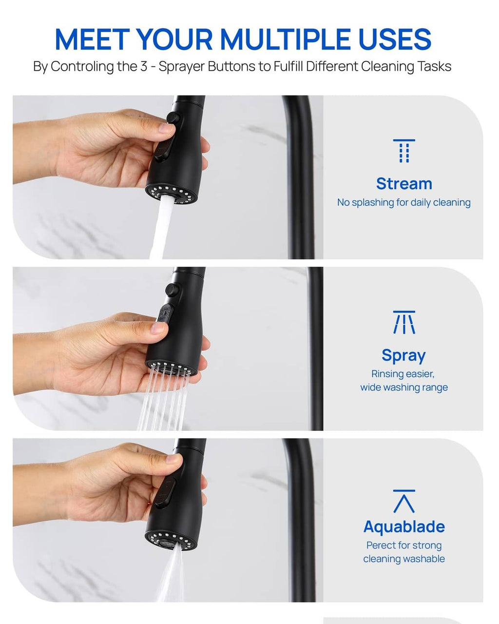 Matte black pull-down kitchen sprayer head with stream nozzle and hose