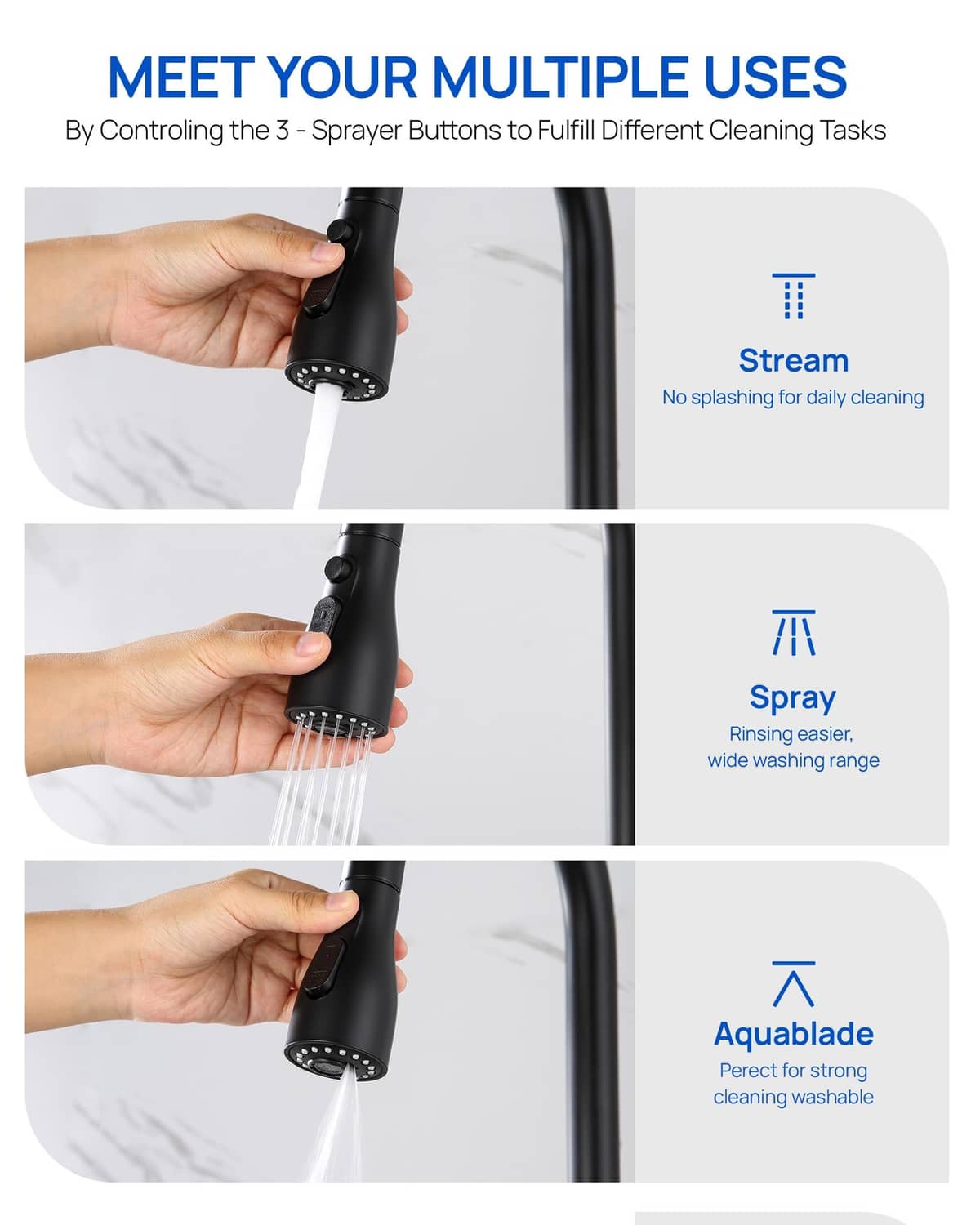 Matte black pull-down kitchen sprayer head with stream nozzle and hose