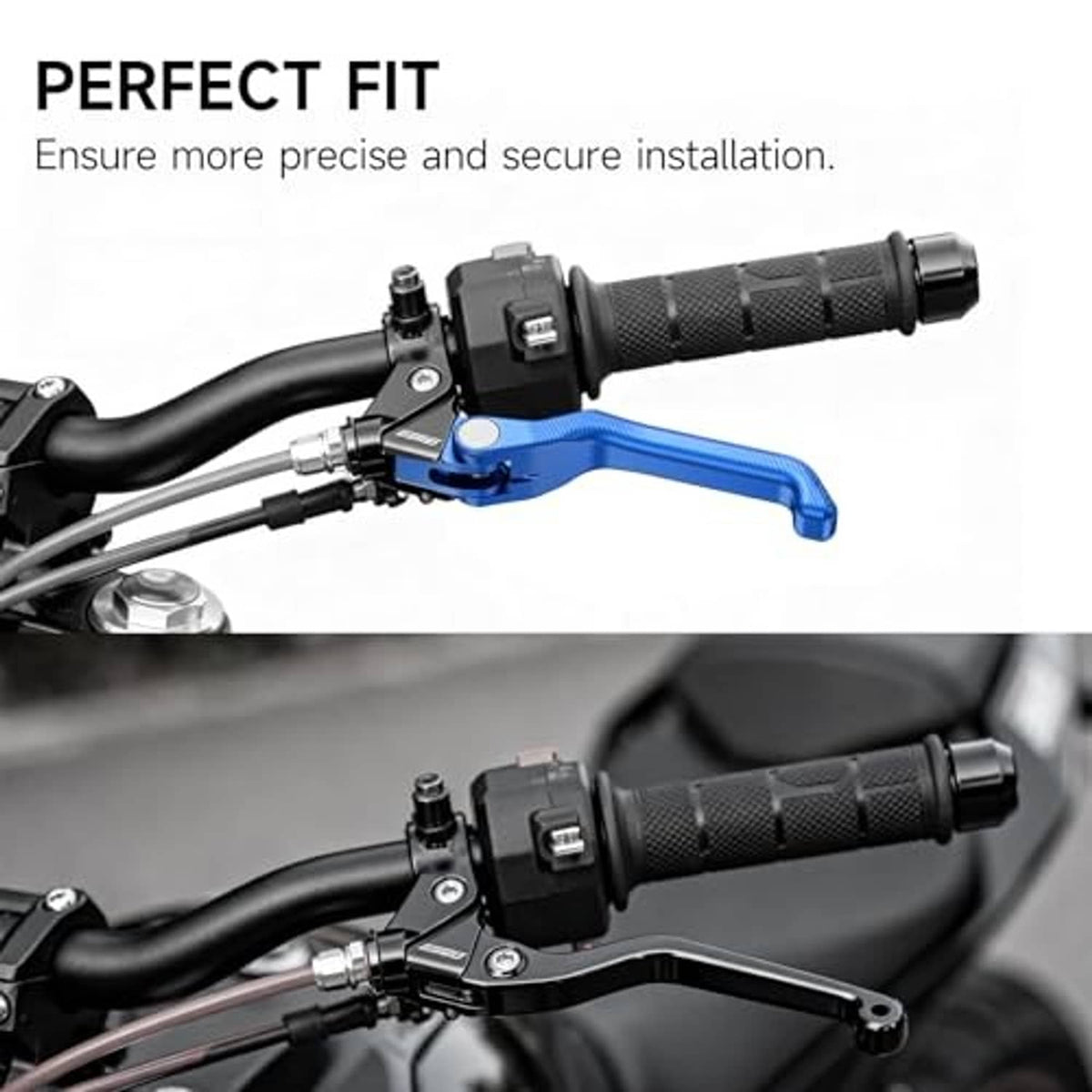 Blue front brake lever mounted on handlebar with black rubber grip and control housing