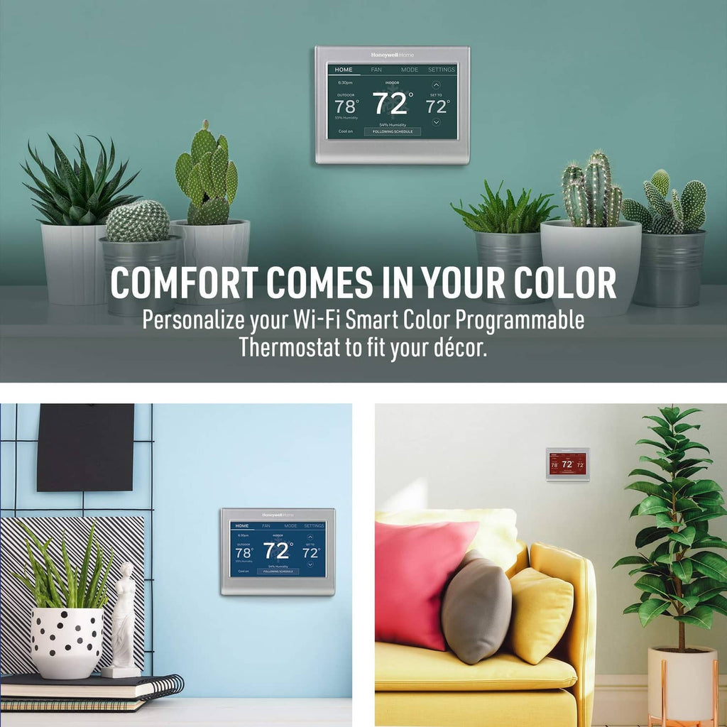 Gray Wi-Fi smart color thermostat with digital display and touch buttons