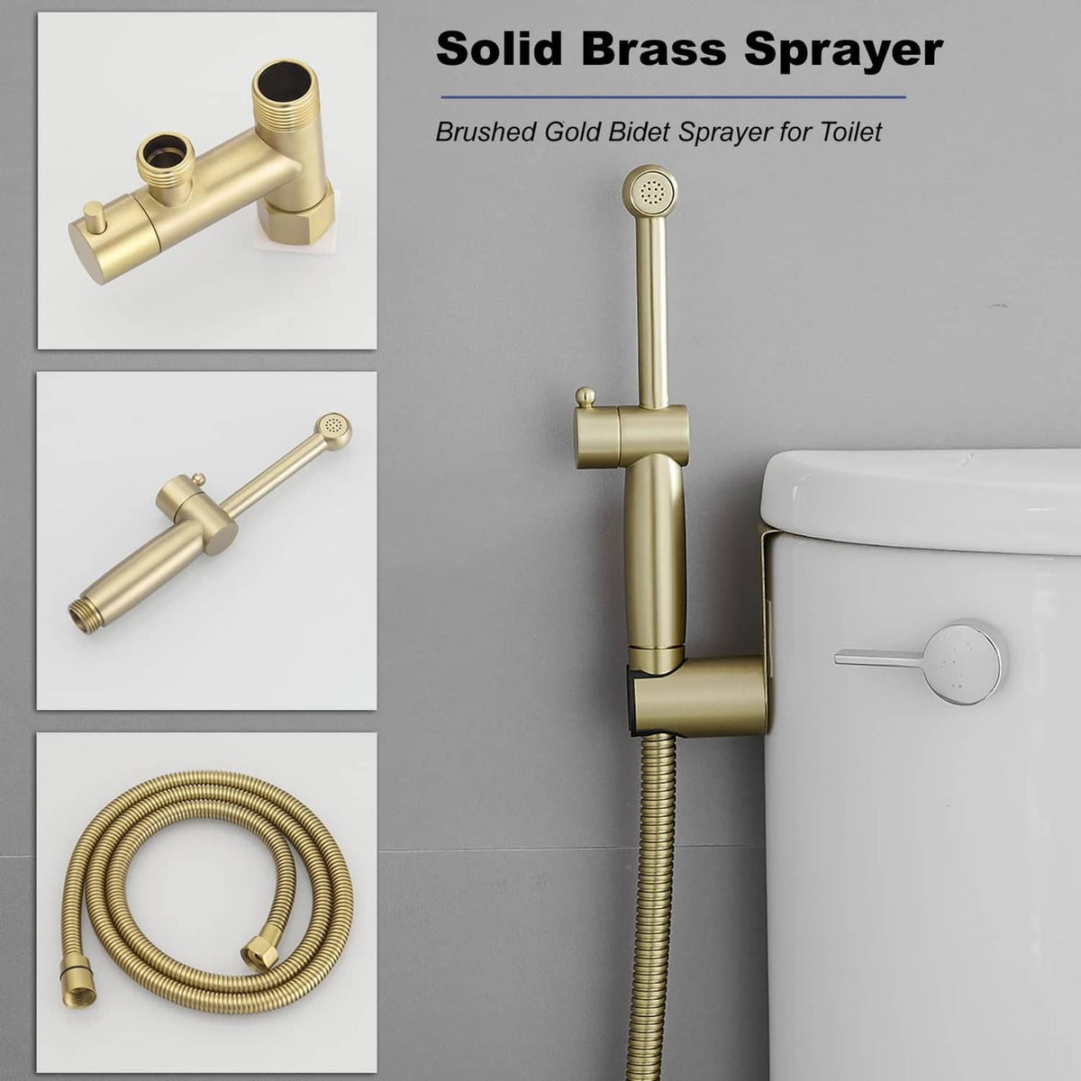 Brushed gold solid brass bidet sprayer with handheld head, mount base, and braided hose