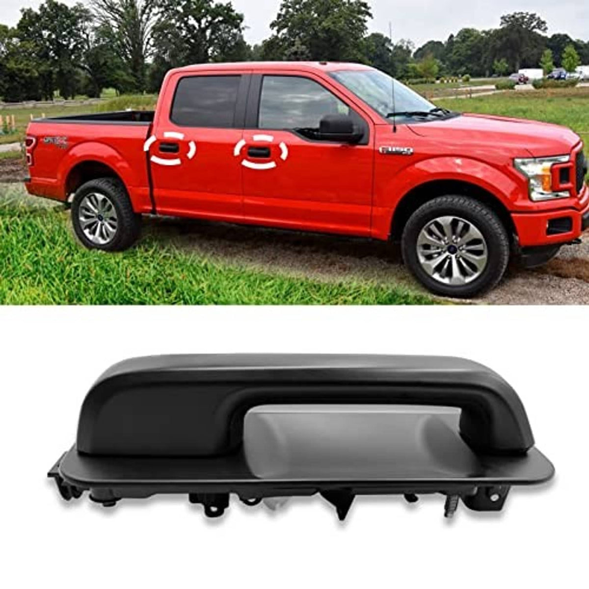 Black smooth exterior door handle for pickup, passenger-side angle view