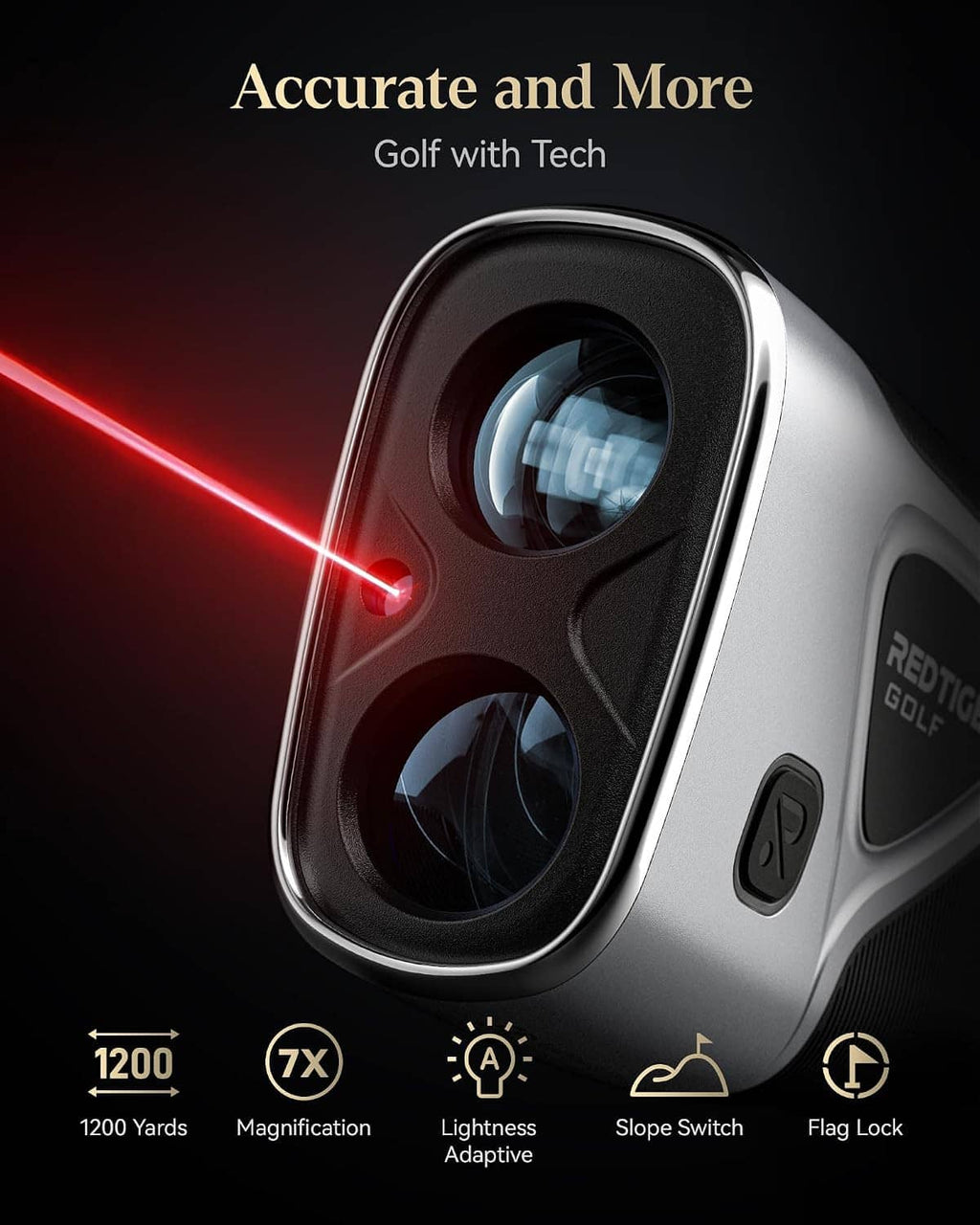 Golf laser rangefinder close-up, dual lenses and side buttons, sleek silver-black design