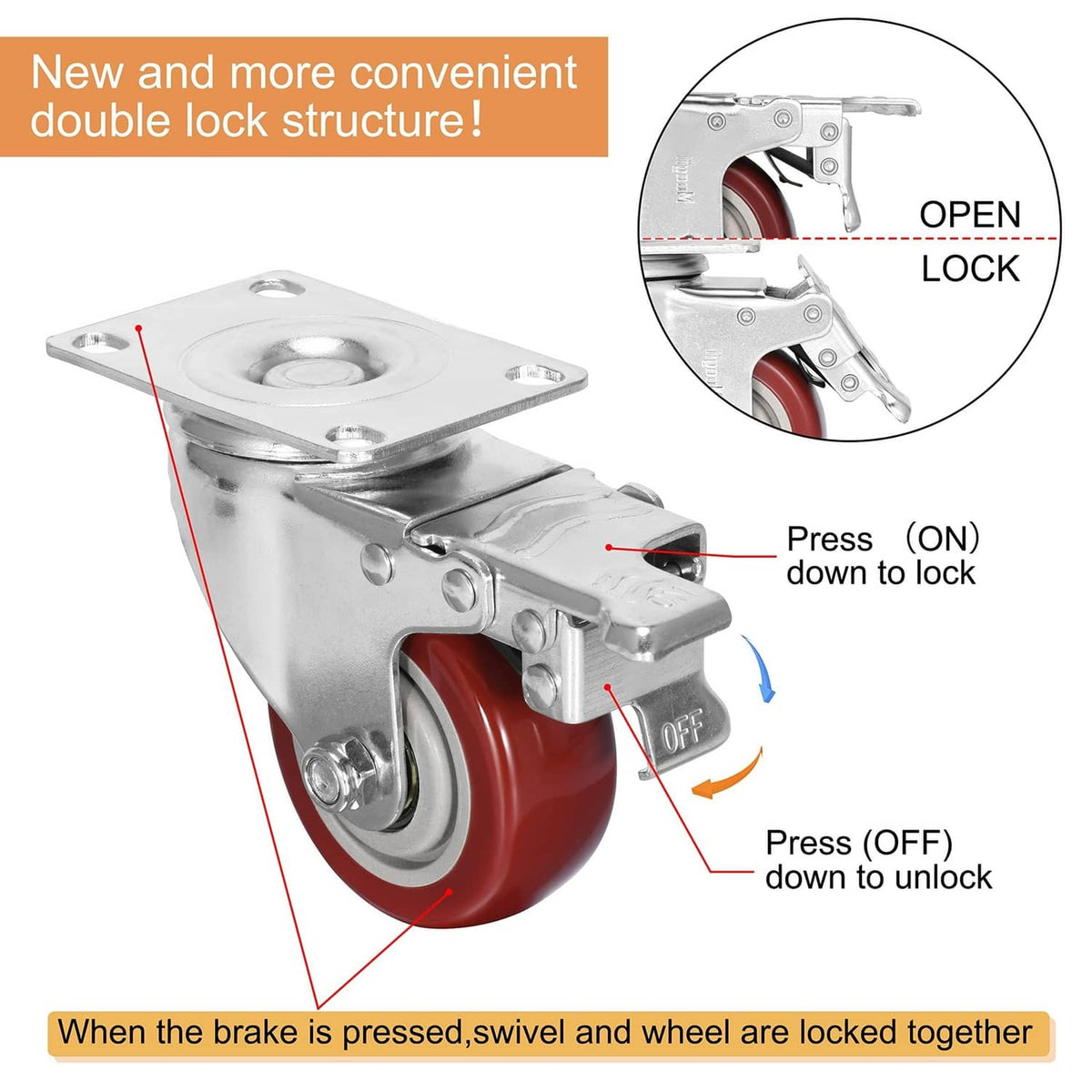 Lockable swivel caster with red wheel and press-on brake lock/unlock lever