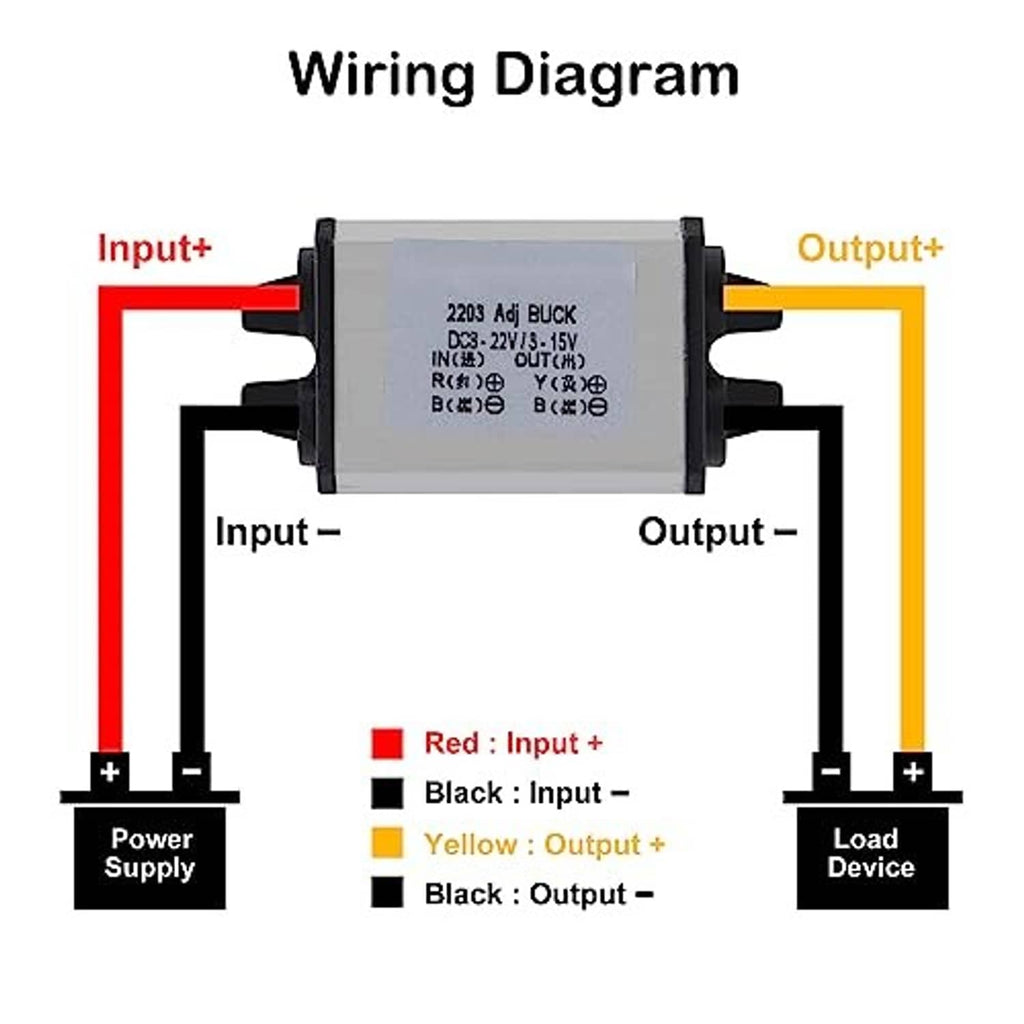 Buck converter wiring diagram showing input plus/minus and output plus/minus connections
