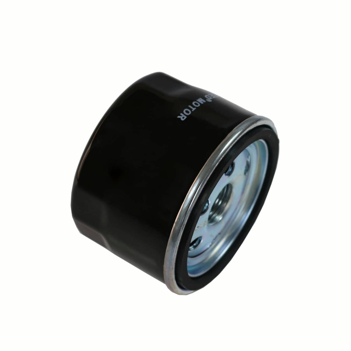 Black cylindrical oil filter with metal rim and blue-tinted filter media