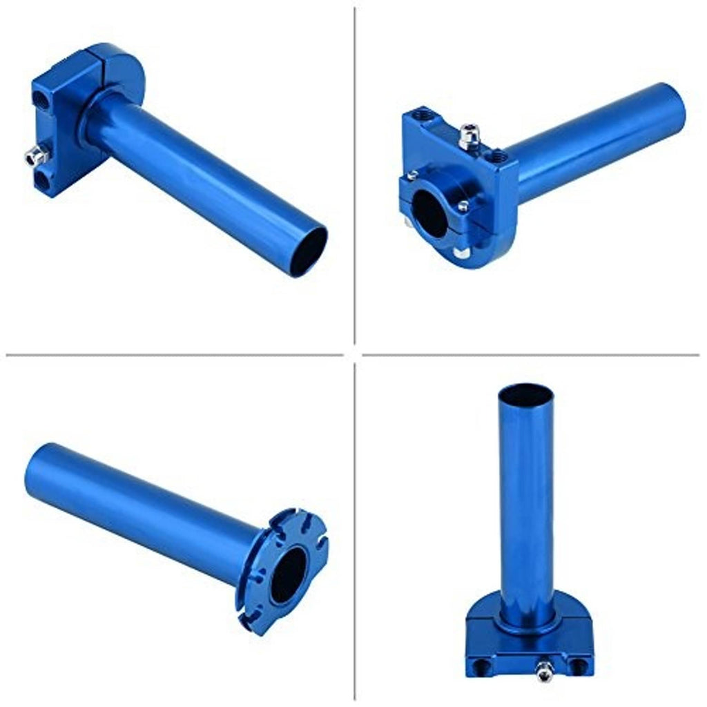Blue motorcycle throttle assembly, multiple angles showing bar tube and base mount