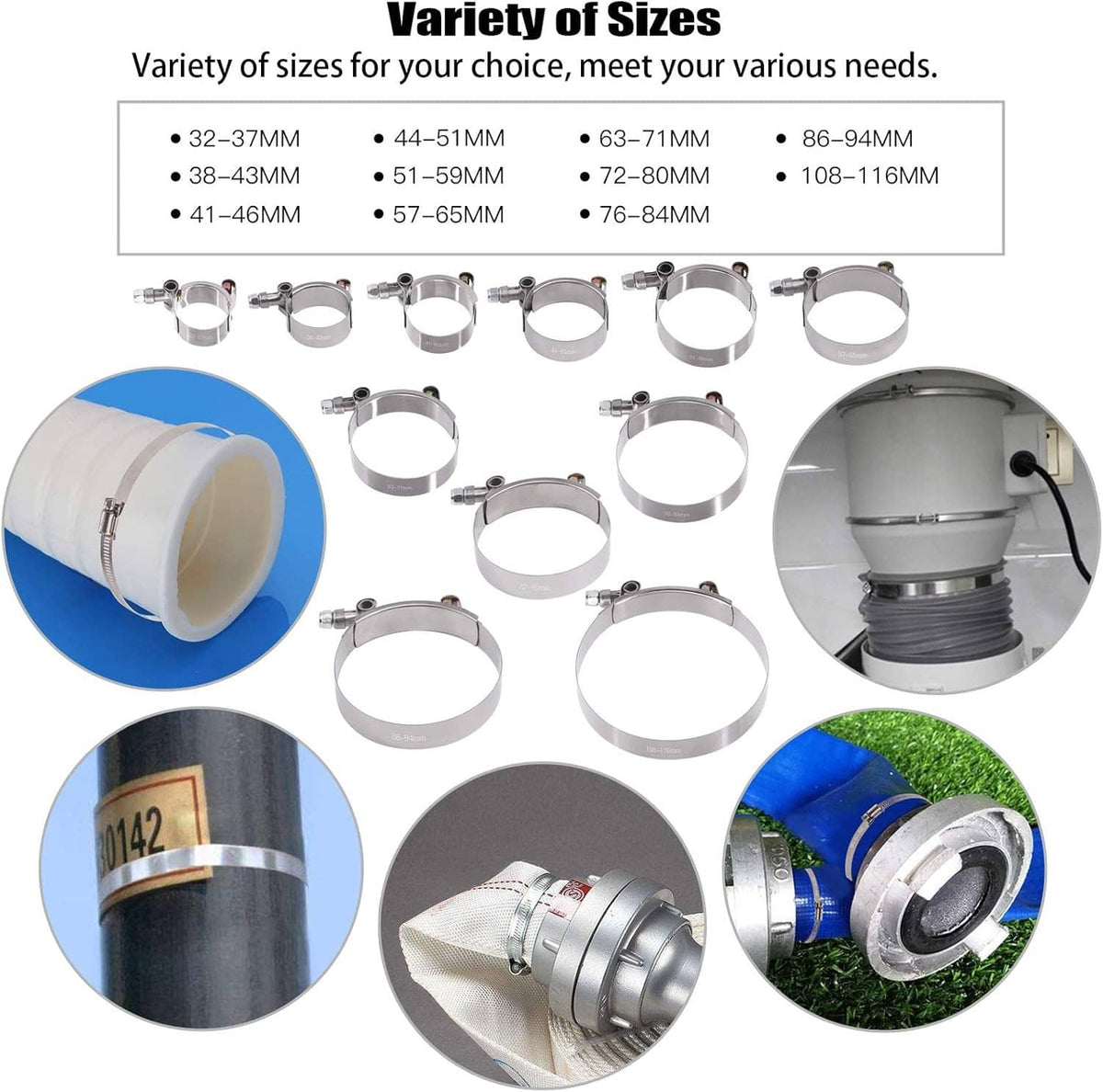 Variety of hose clamp sizes shown with T-bolt stainless steel clamps