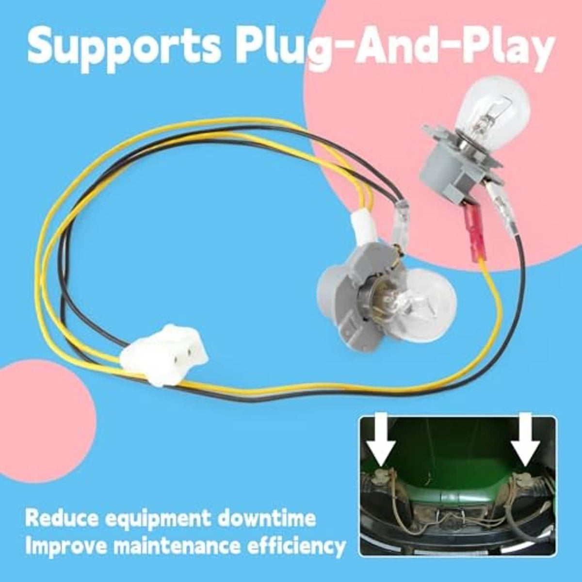 Headlight wiring harness with two bulb sockets, plug connectors, and yellow/black wire leads