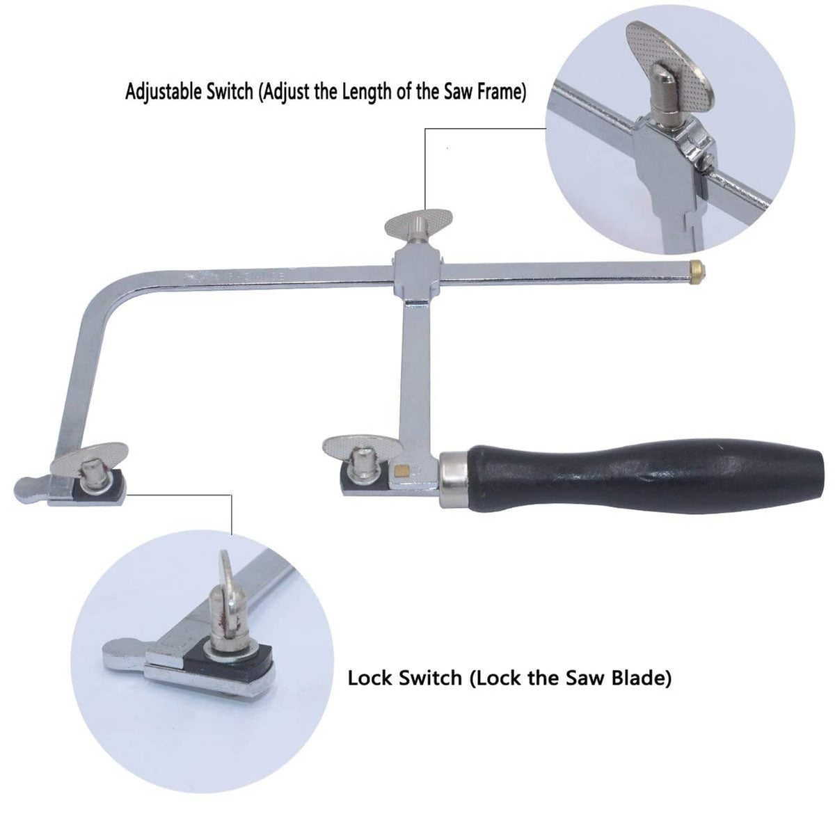 Adjustable jeweler's saw frame with lock switch and black grip handle