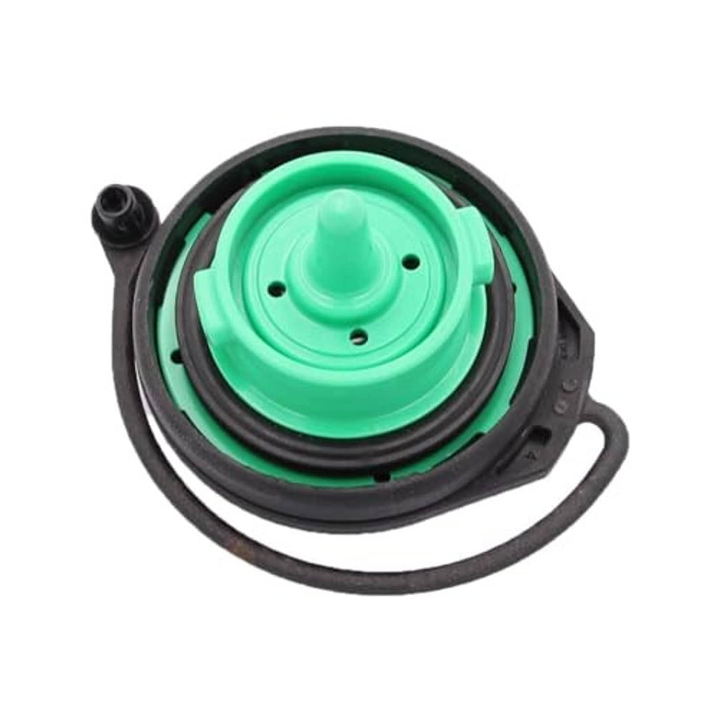 Fuel tank gas cap filler cap with green center insert, black outer rim, and side tab