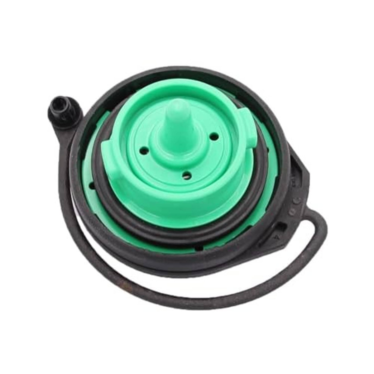 Fuel tank gas cap filler cap with green center insert, black outer rim, and side tab