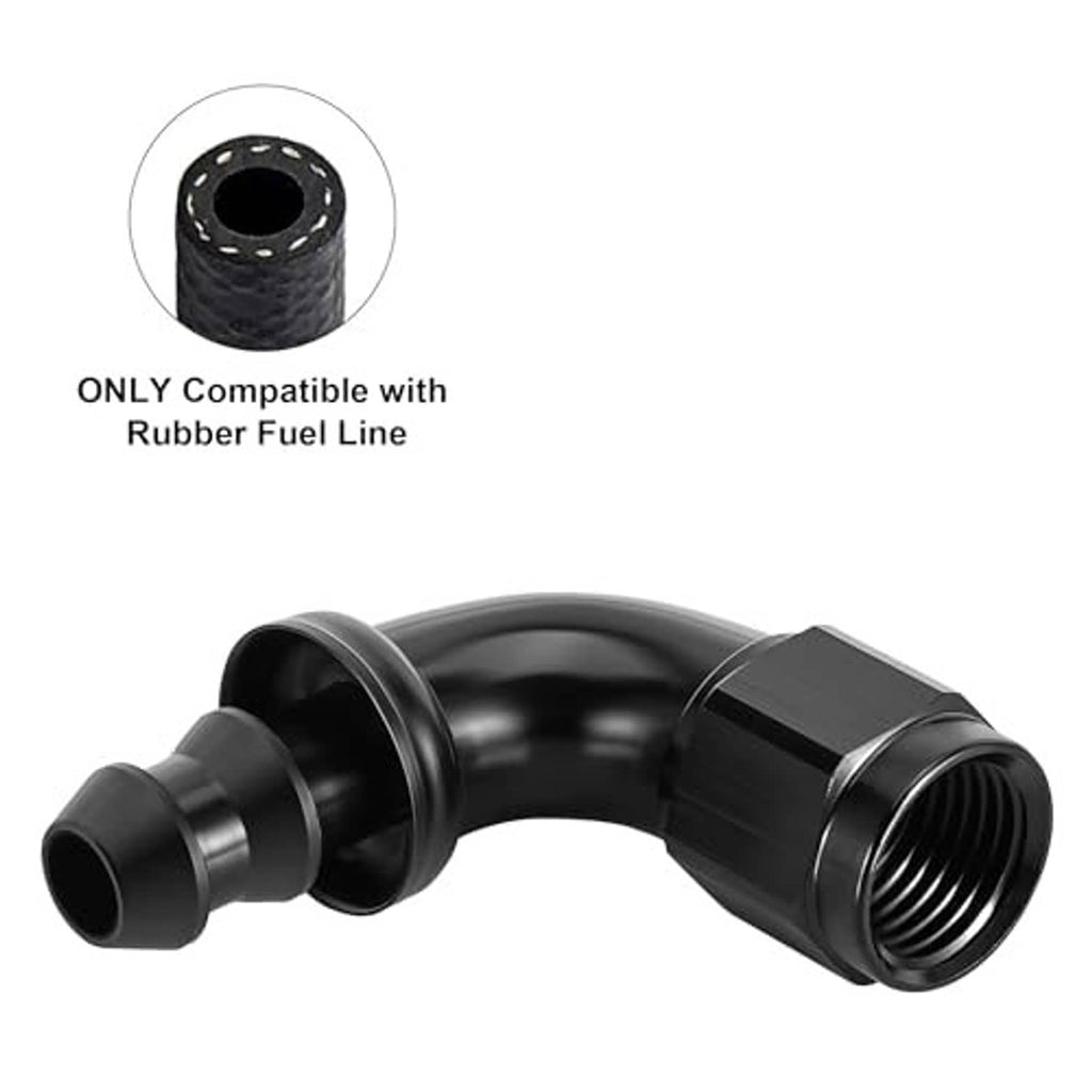 Black 90-degree AN push-lock hose end elbow fitting with female threaded inlet