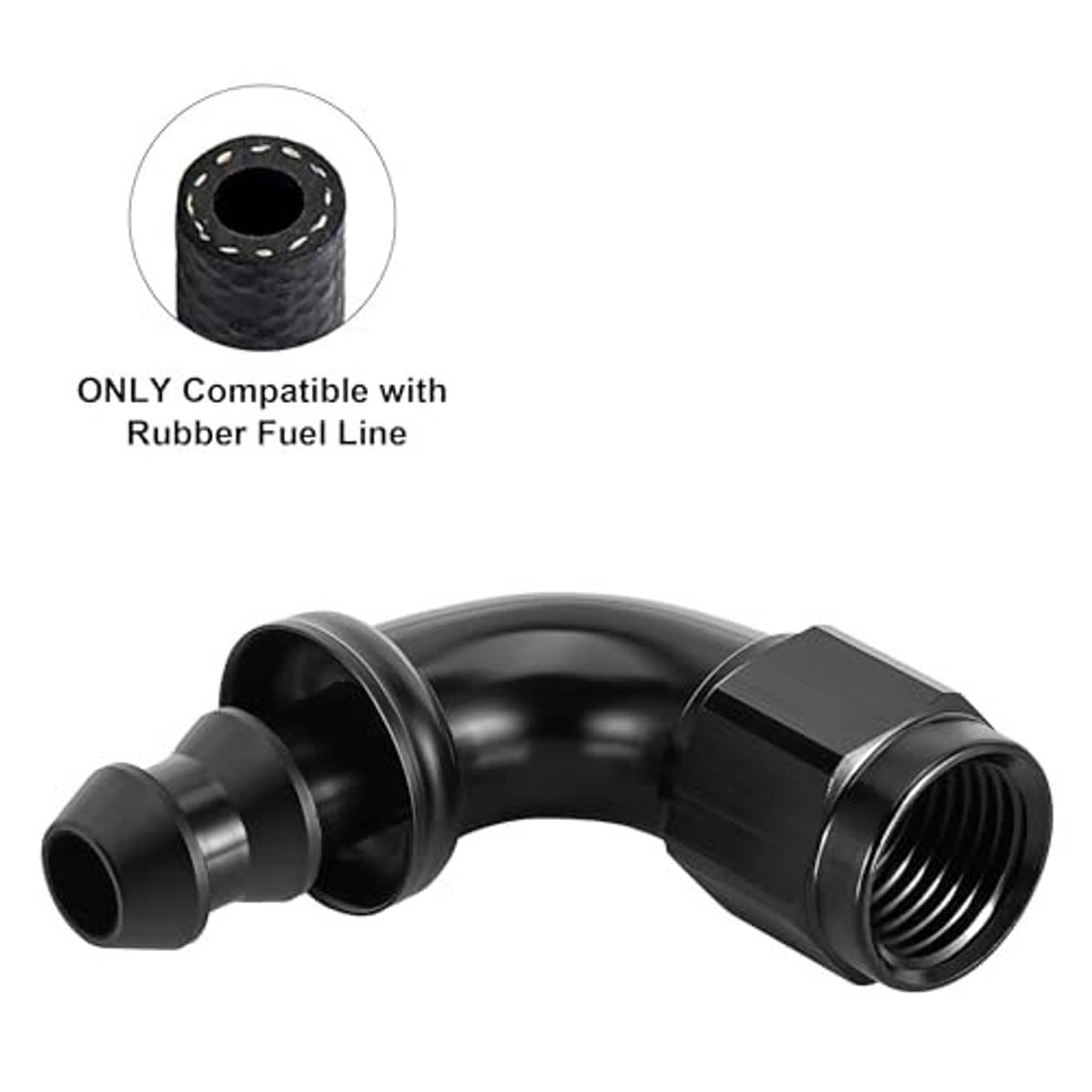 Black 90-degree AN push-lock hose end elbow fitting with female threaded inlet