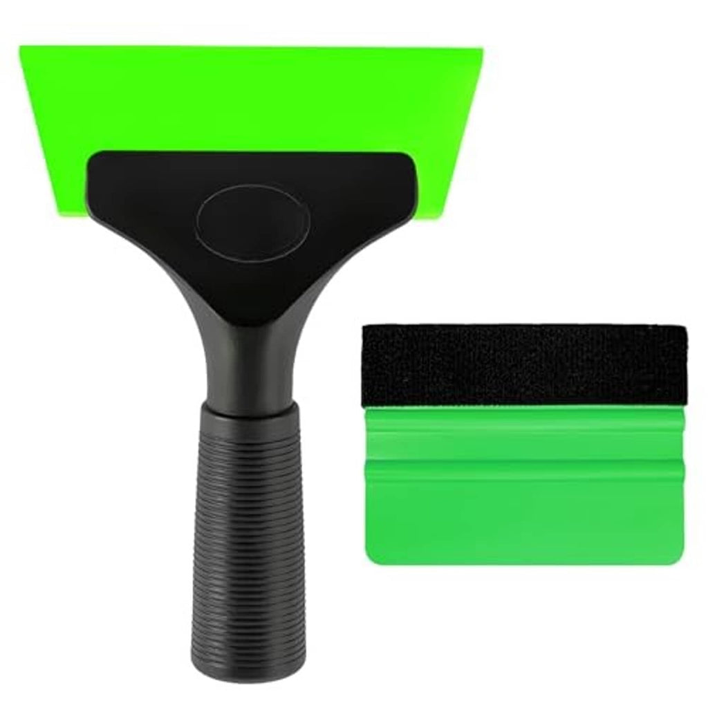 Window film squeegee tool with green blade edge, black handle, and green film strip