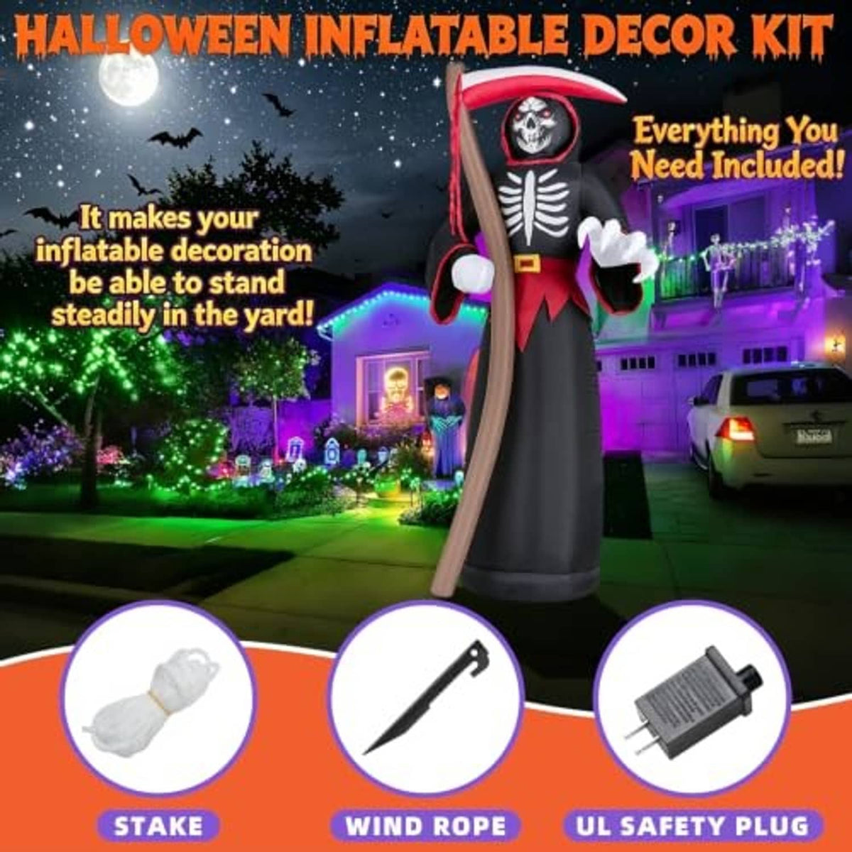 8ft Halloween inflatable grim reaper with red hood, black robe, white skeleton face, poseable arms