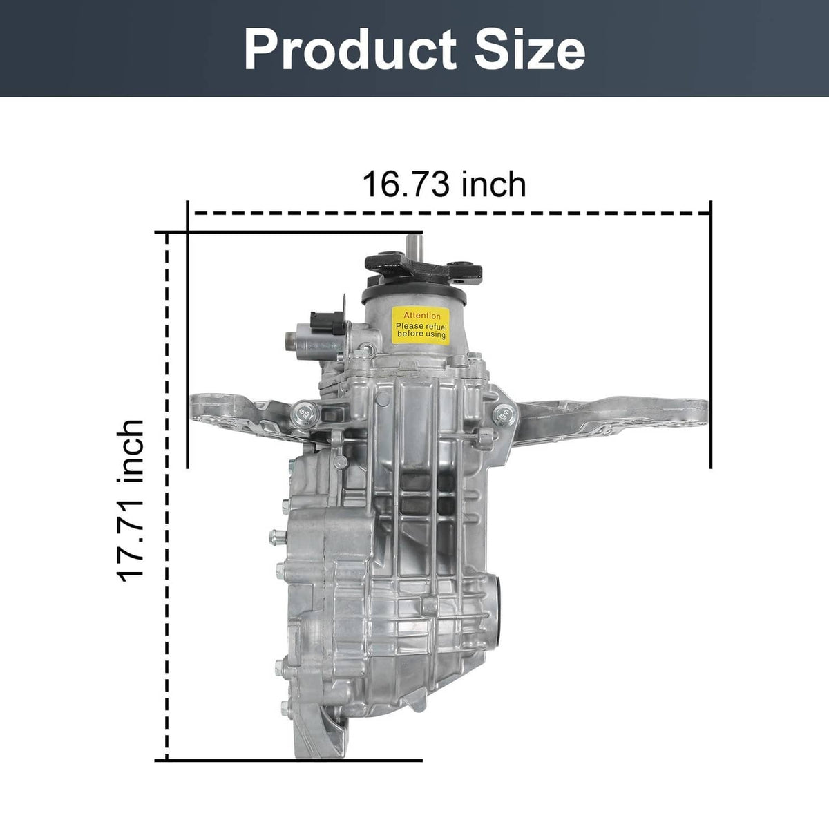 Rear axle differential assembly front view with dimension markings, silver metal case