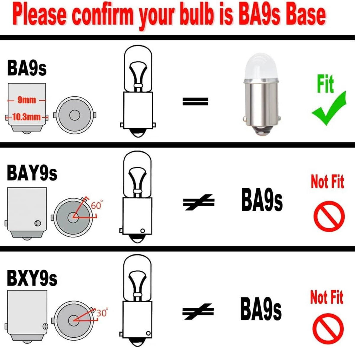 Car LED bulb fit guide for BA9s and bay9s bases, showing compatible and not-fit
