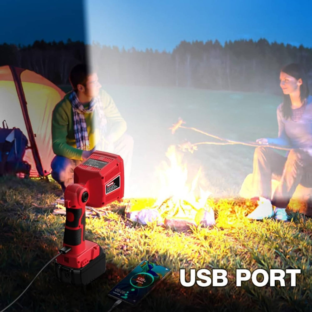 Red handheld LED work light producing bright work illumination