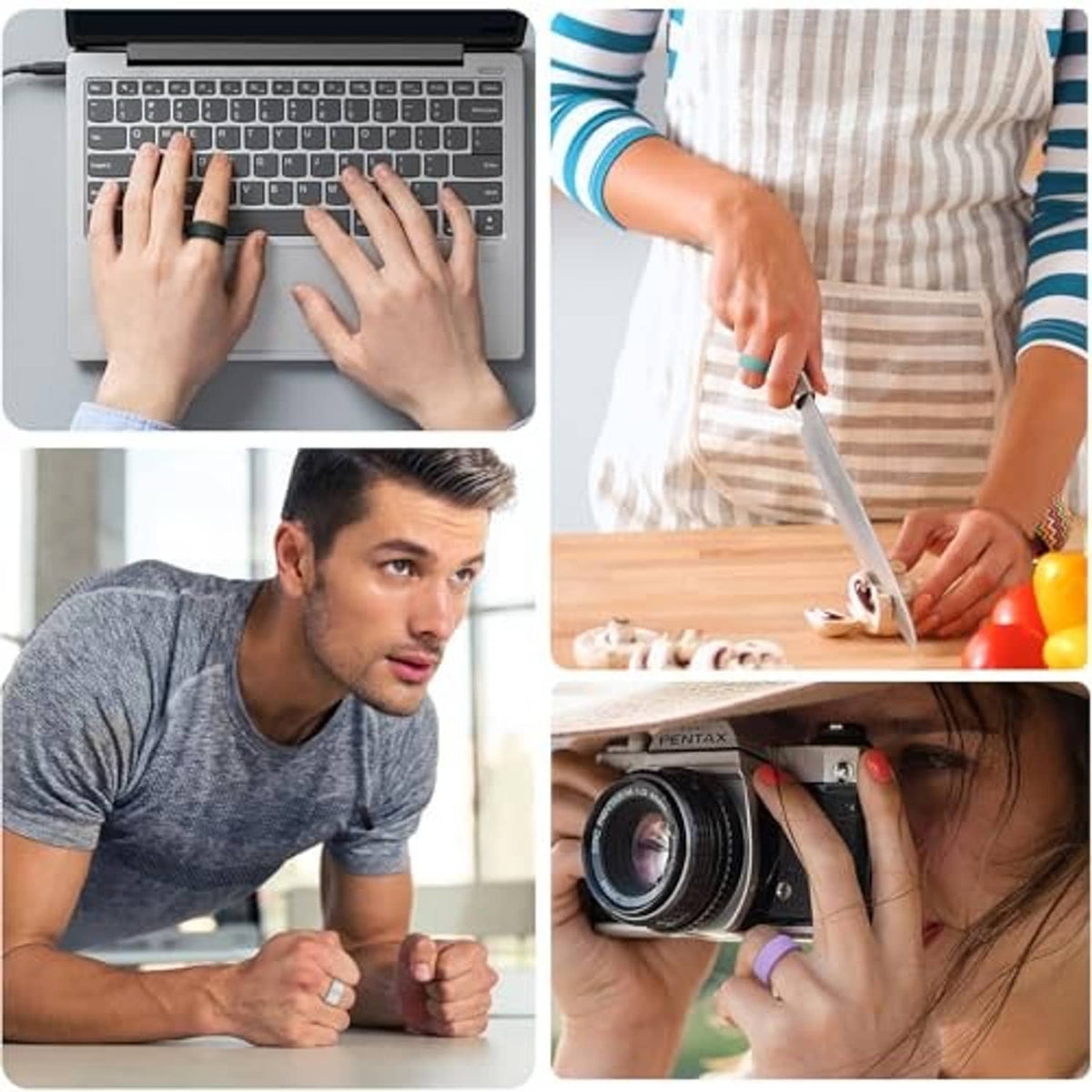 Silicone ring cover shown on wearable device across everyday activities