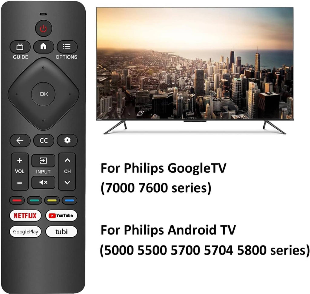 Black TV remote control with Netflix, YouTube, Google Play, and t﻿ubi shortcut buttons