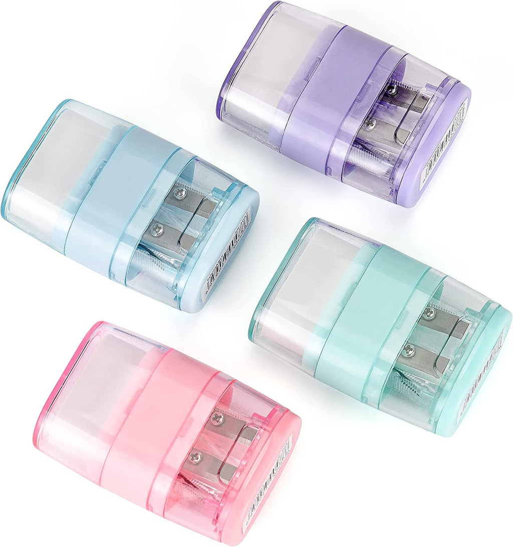 Set of 4 manual pencil sharpeners with transparent chambers and colored top sleeves