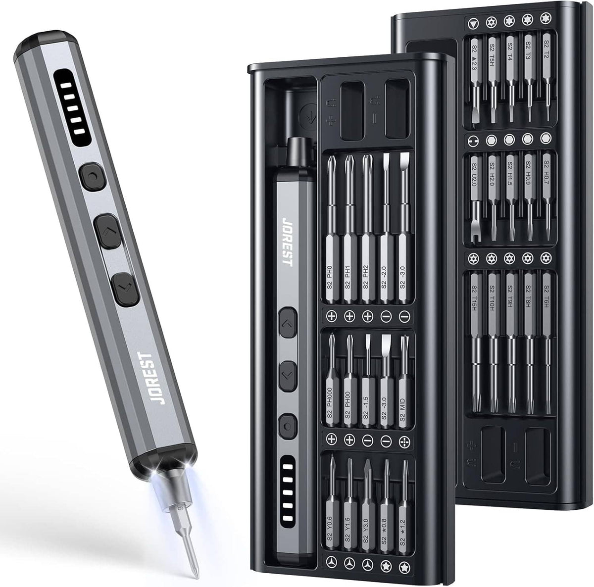 Cordless precision mini electric screwdriver kit with magnetic bit set in storage case