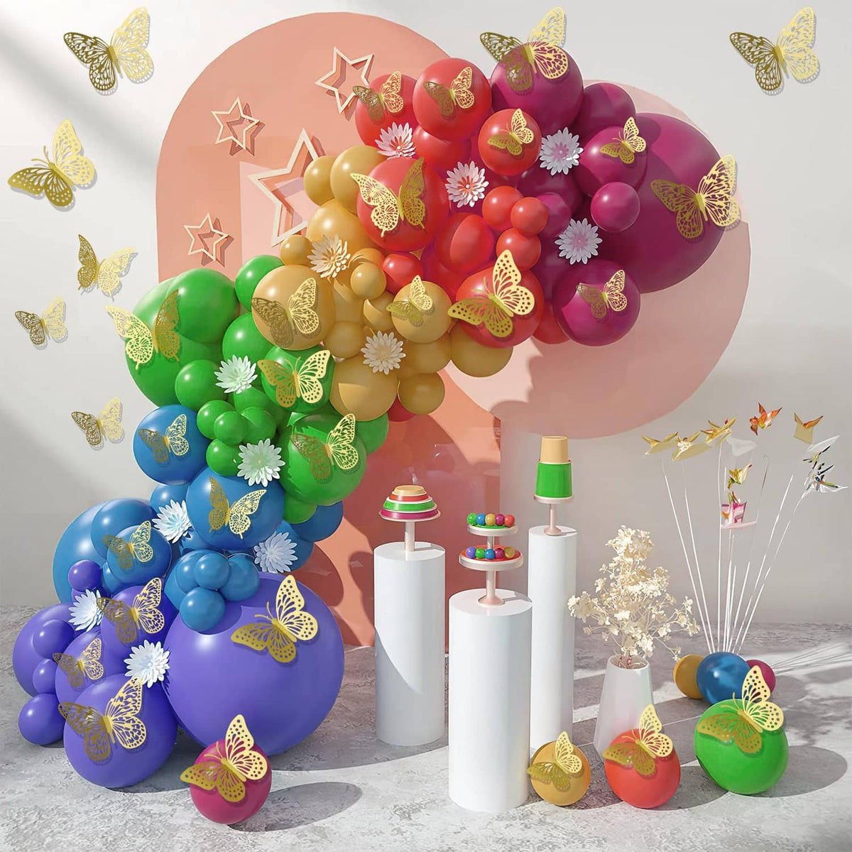 Gold 3D butterfly wall decorations with balloons, mixed sizes and wing cutout designs