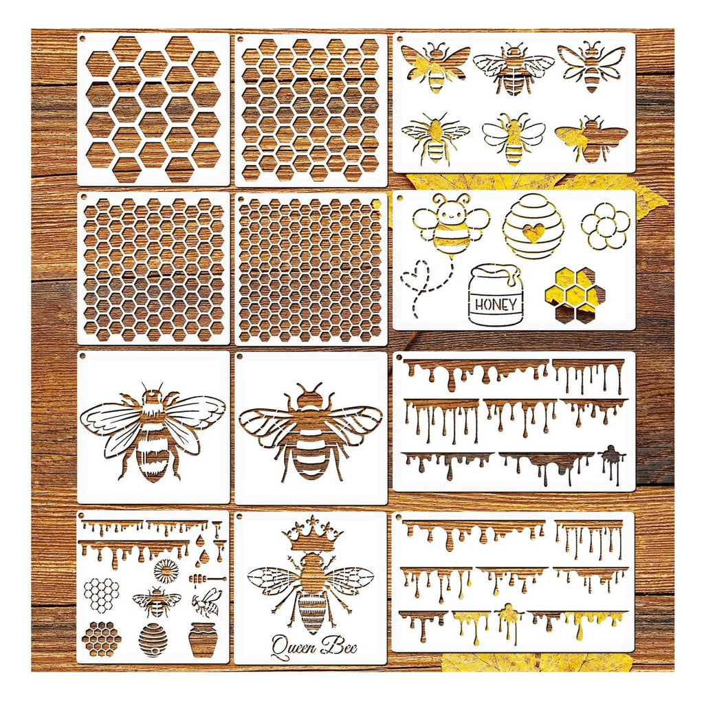 Reusable bee honeycomb stencil cards with hexagon patterns and bee motifs, assorted