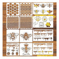 Reusable bee honeycomb stencil cards with hexagon patterns and bee motifs, assorted