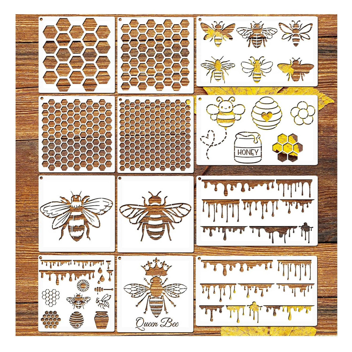 Reusable bee honeycomb stencil cards with hexagon patterns and bee motifs, assorted