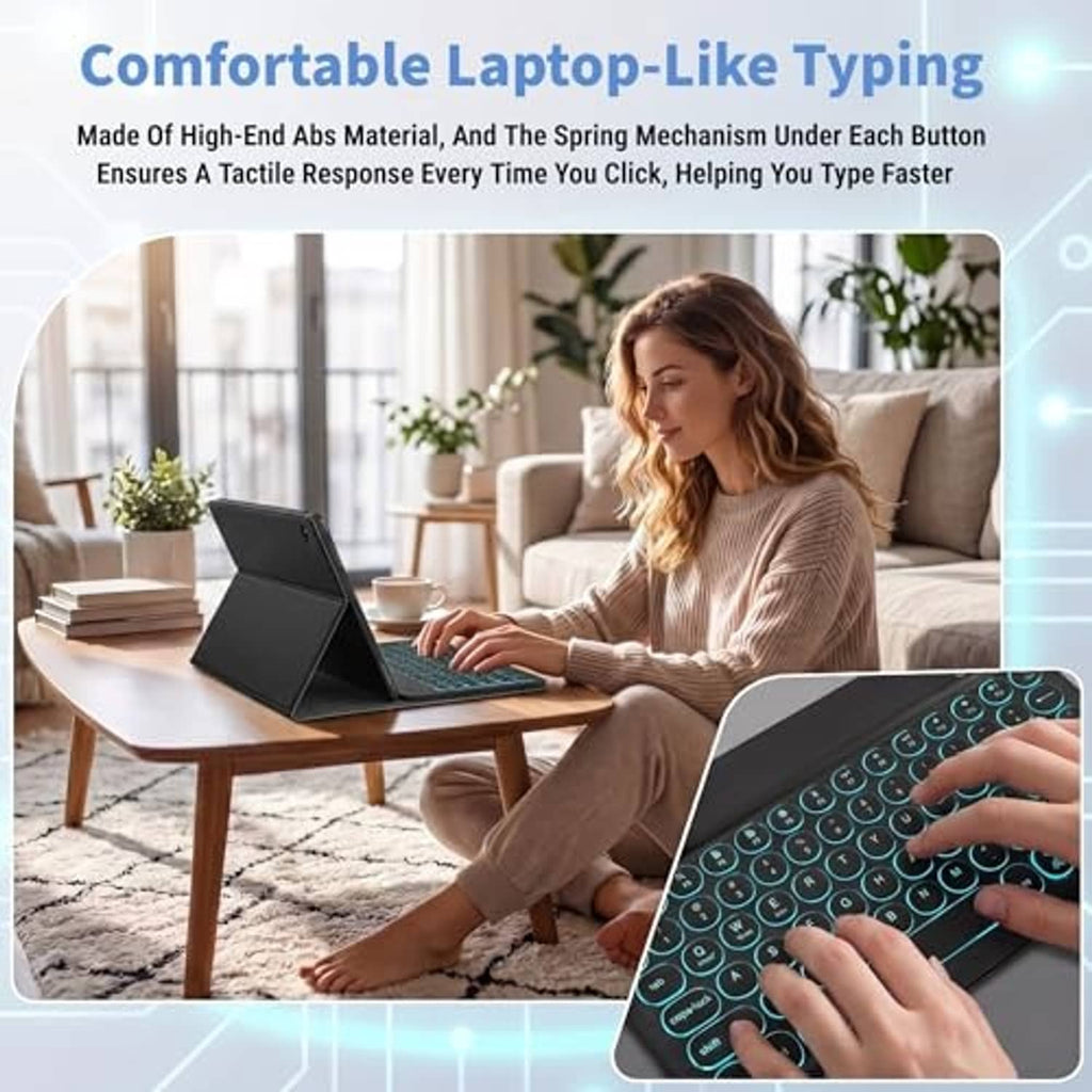 Black tablet keyboard case with blue backlit keys for comfortable typing