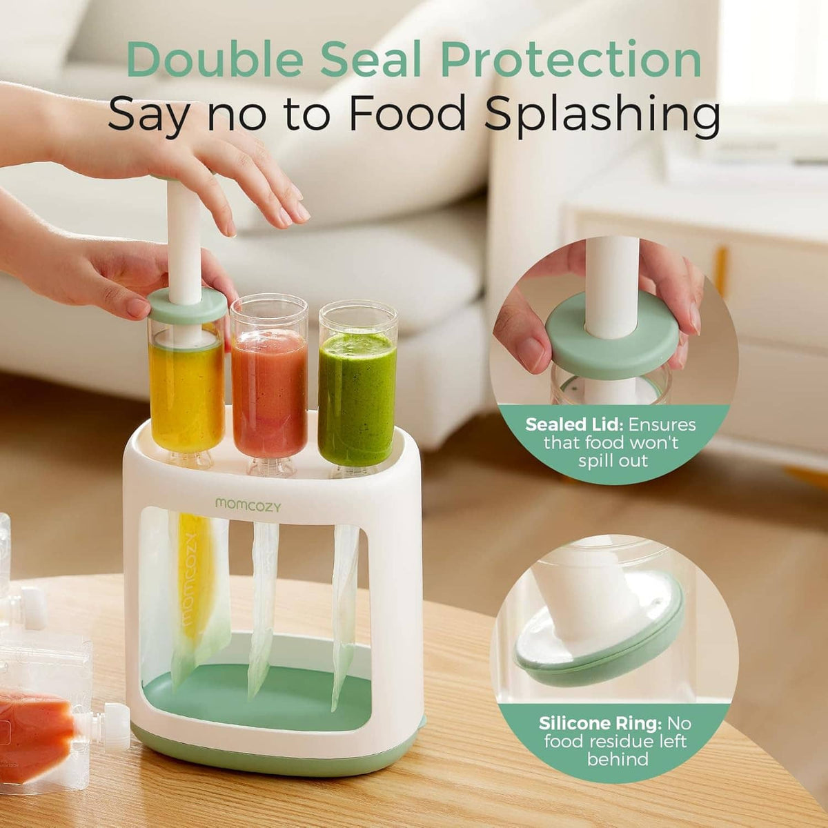Baby food pouch filler squeeze station with lid and four sealed puree containers on tray