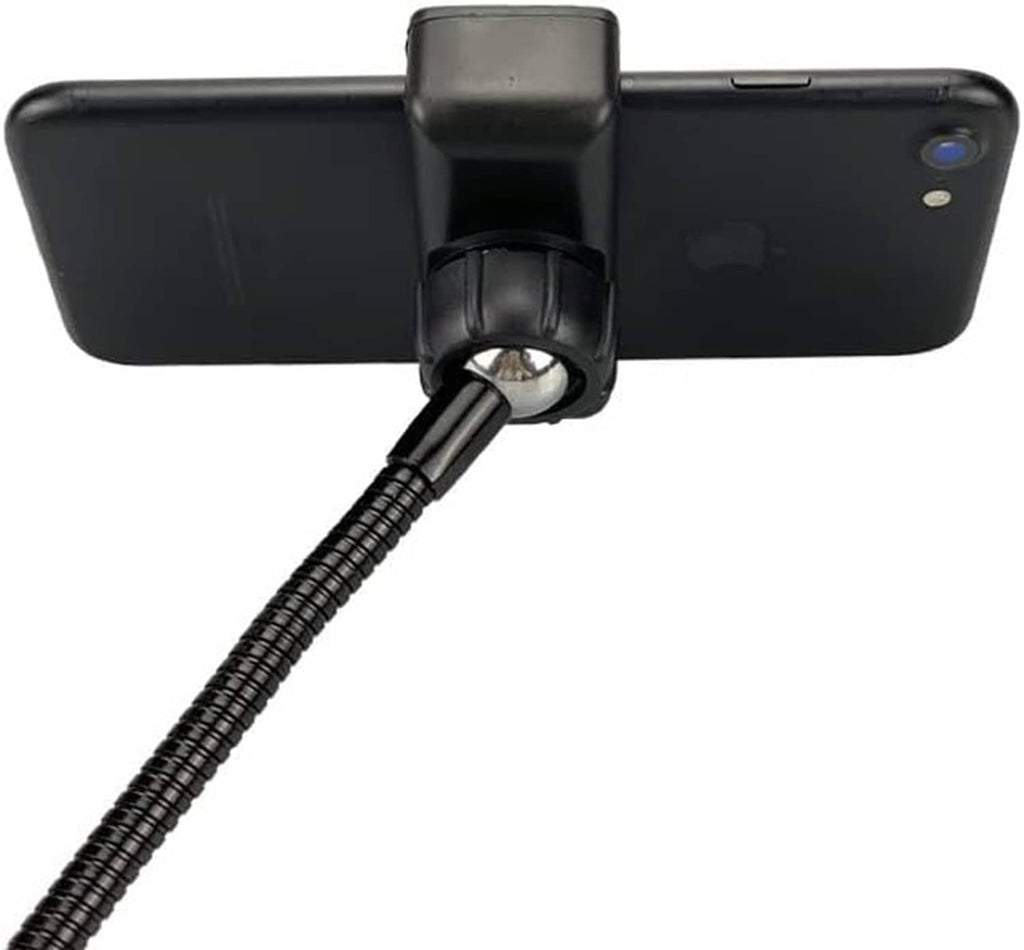 Smartphone holder clamp attached to phone with a flexible gooseneck