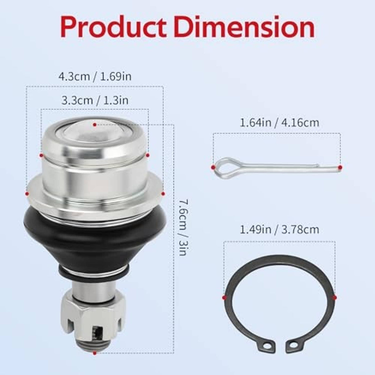 Ball joint assembly with silver top, black boot, and retaining ring and stud