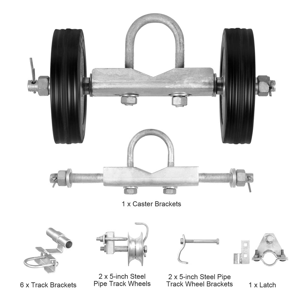 Sliding gate roller kit with two caster wheels, latch, track brackets, and pipe wheel brackets