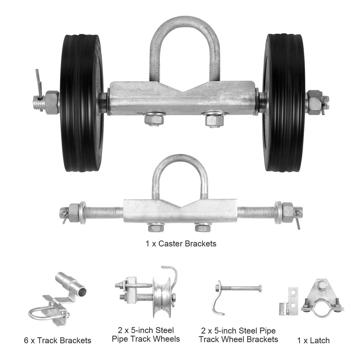 Sliding gate roller kit with two caster wheels, latch, track brackets, and pipe wheel brackets