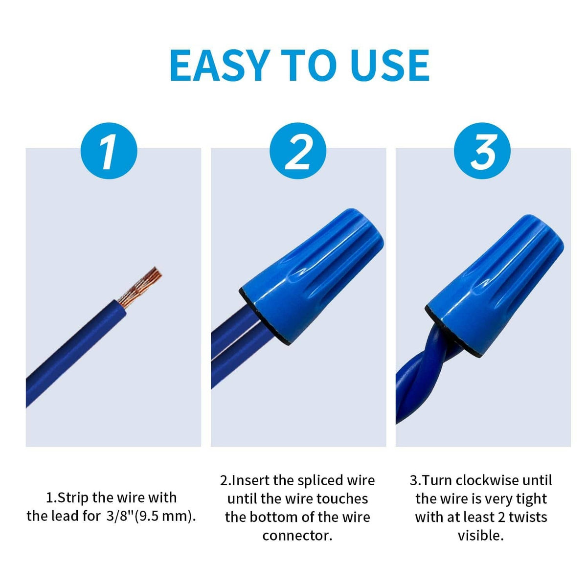 Blue waterproof wire connector caps for twisting onto stripped wire ends