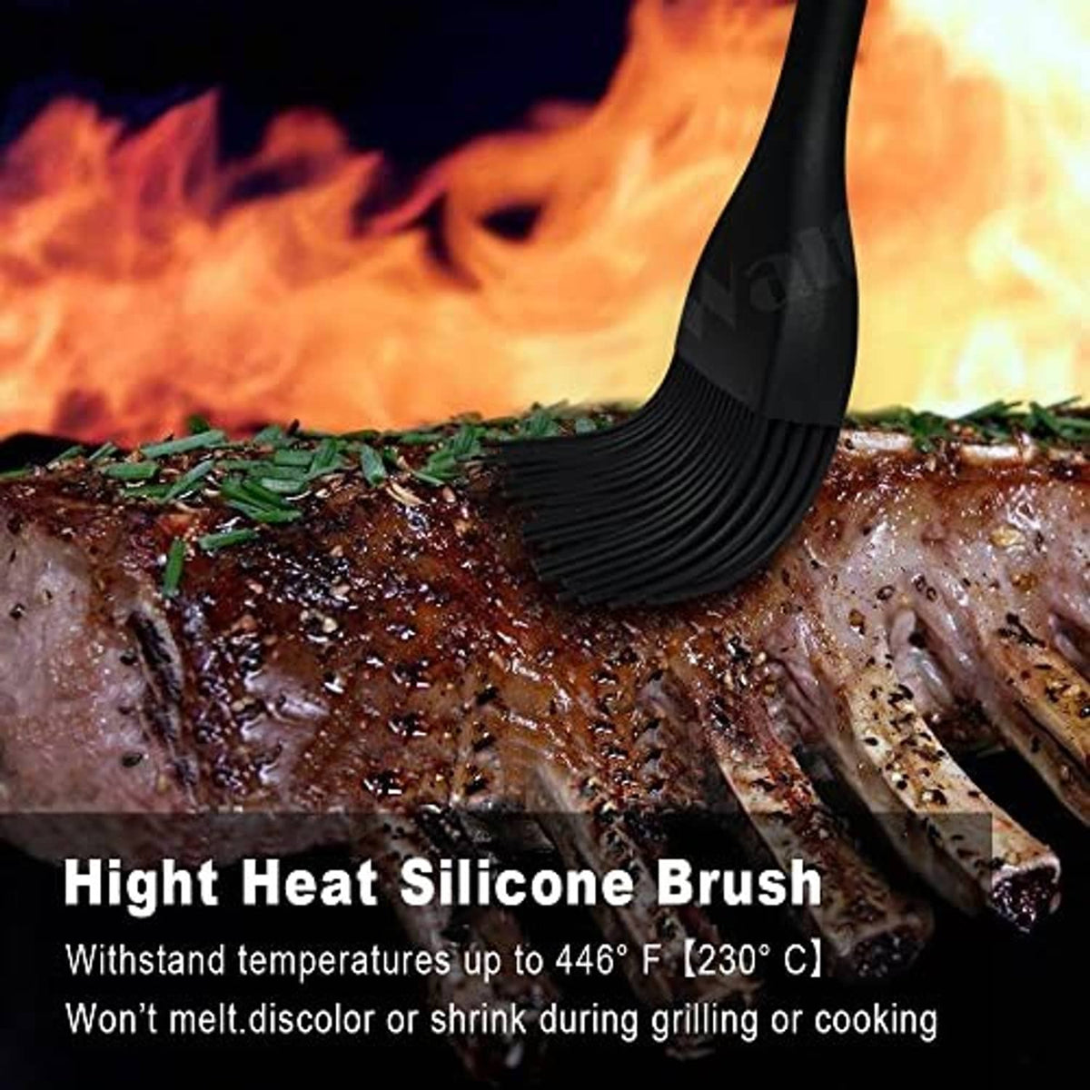 Black silicone brush spreading sauce over grilled meat with ribbed bristle head