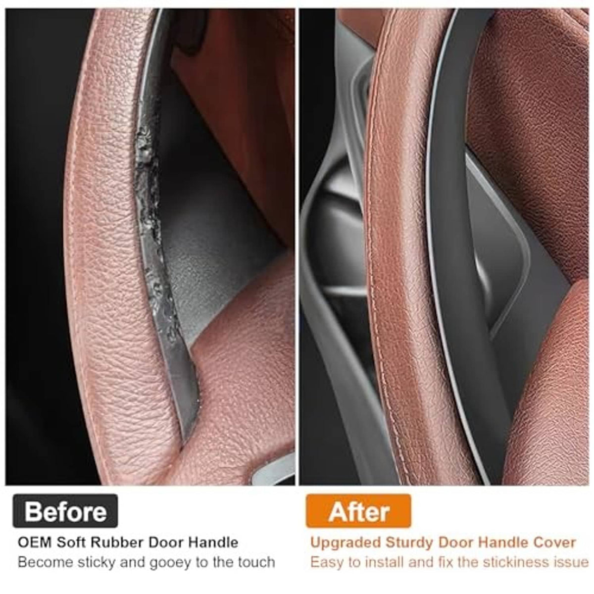Beige door handle cover upgrade for interior pull, before-and-after view