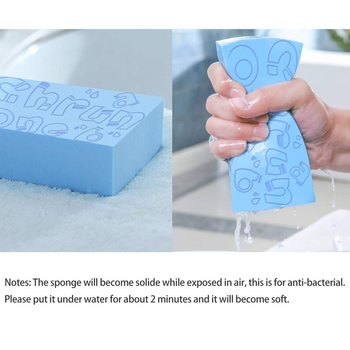 Blue exfoliating bath sponge held under running water
