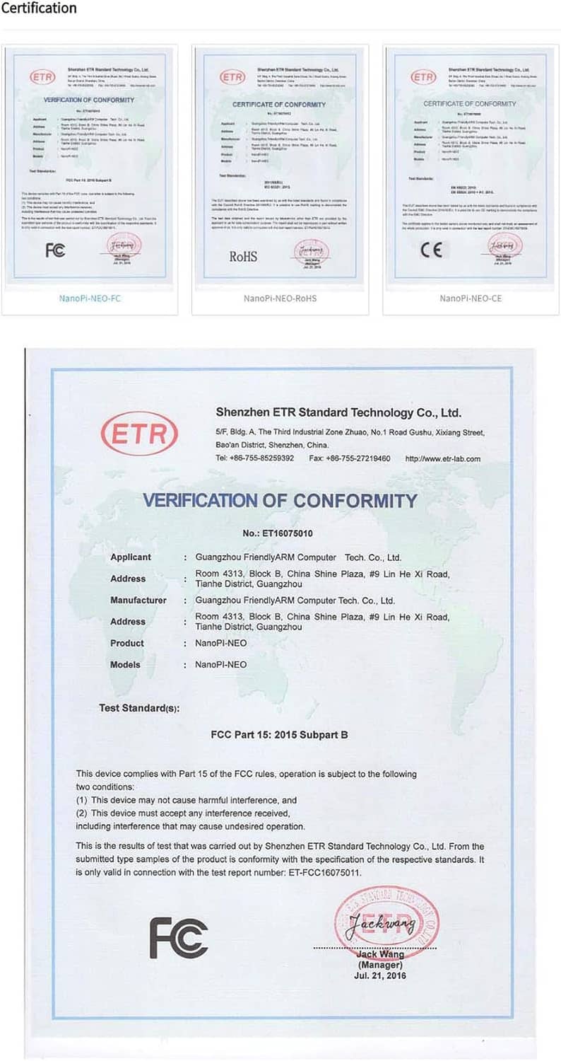 Nanopi NEO H3 certification documents with compliance stamps and test results pages
