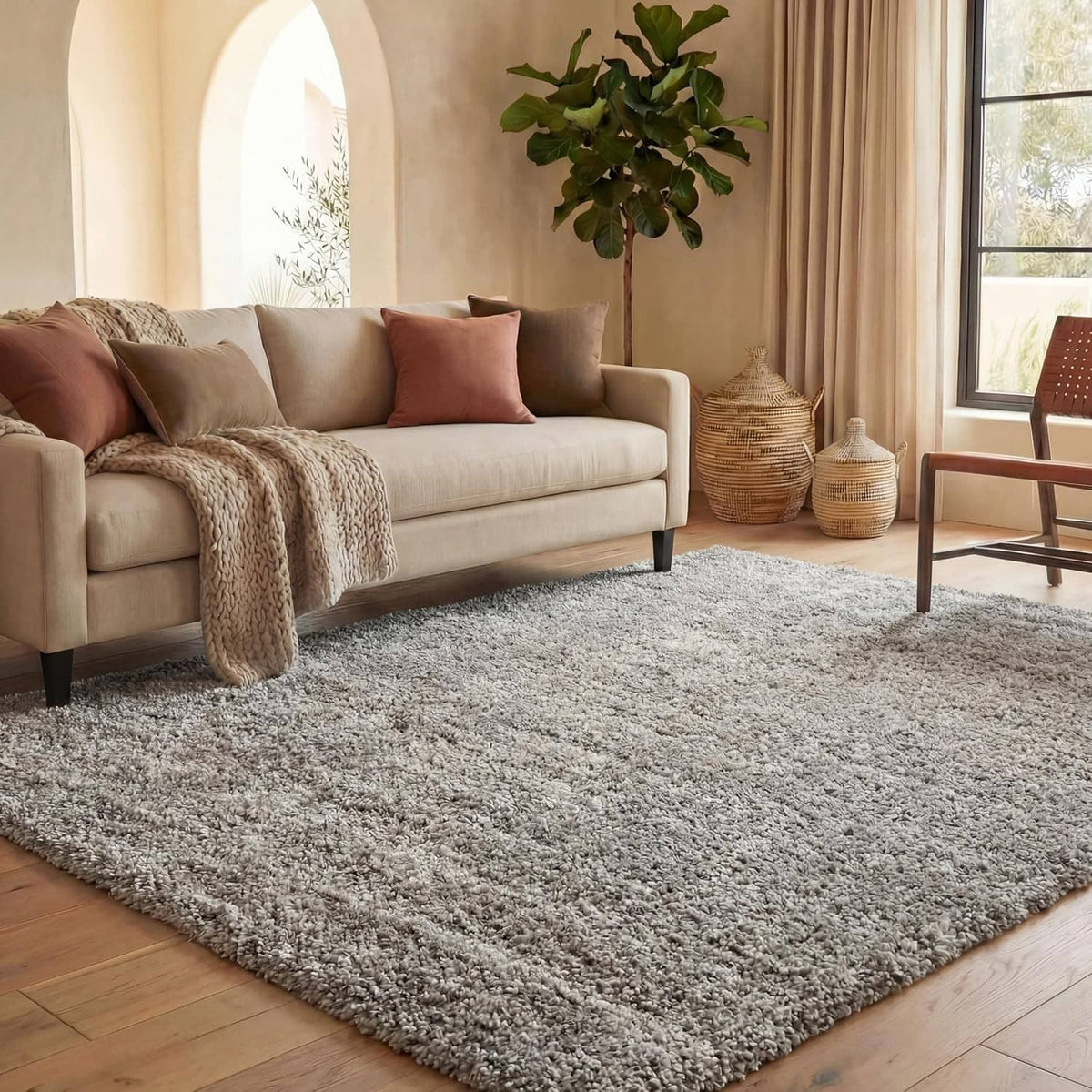 Large silver shag area rug with plush high-pile texture