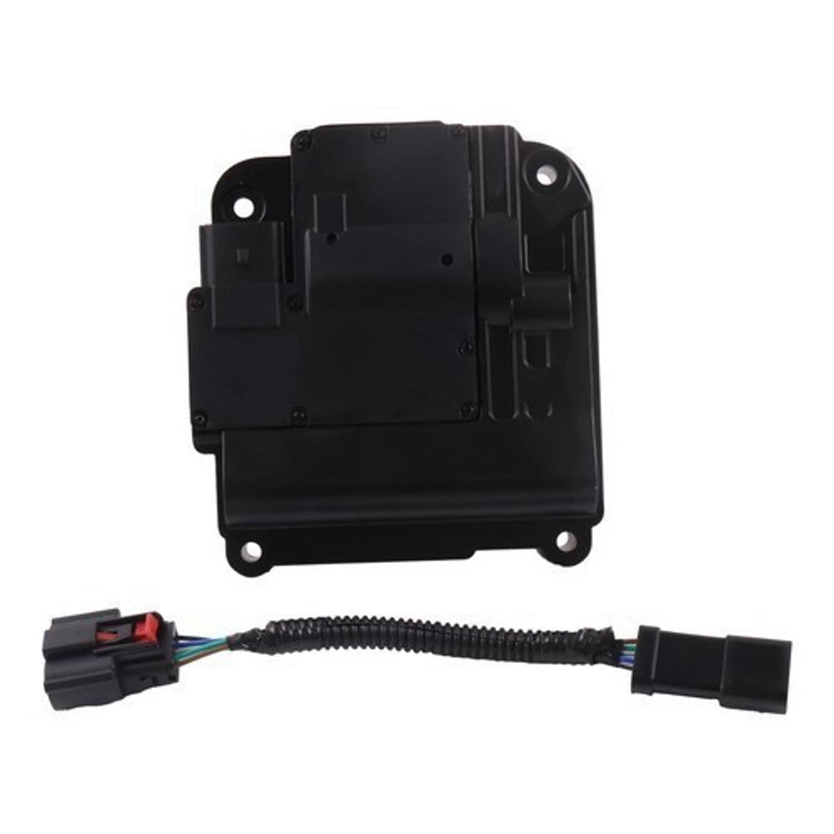 Transfer case actuator module with wiring harness, black rectangular housing and plug