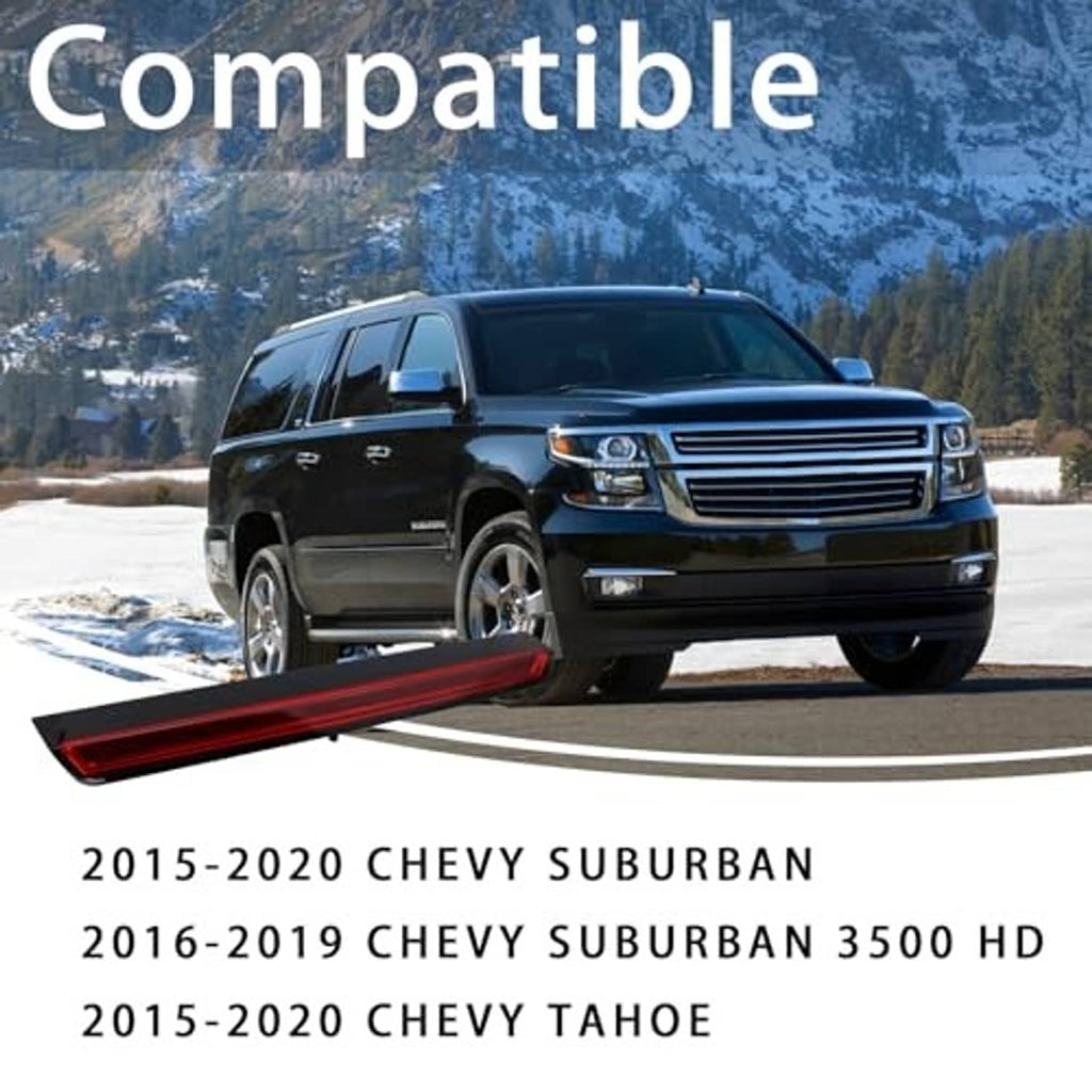 LED center high mount stop light bar with red lens mounted on rear of SUV