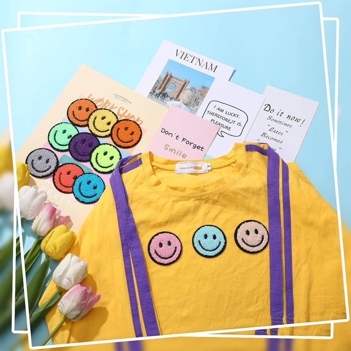 Yellow shirt with four round chenille smiley face iron-on patches on the front