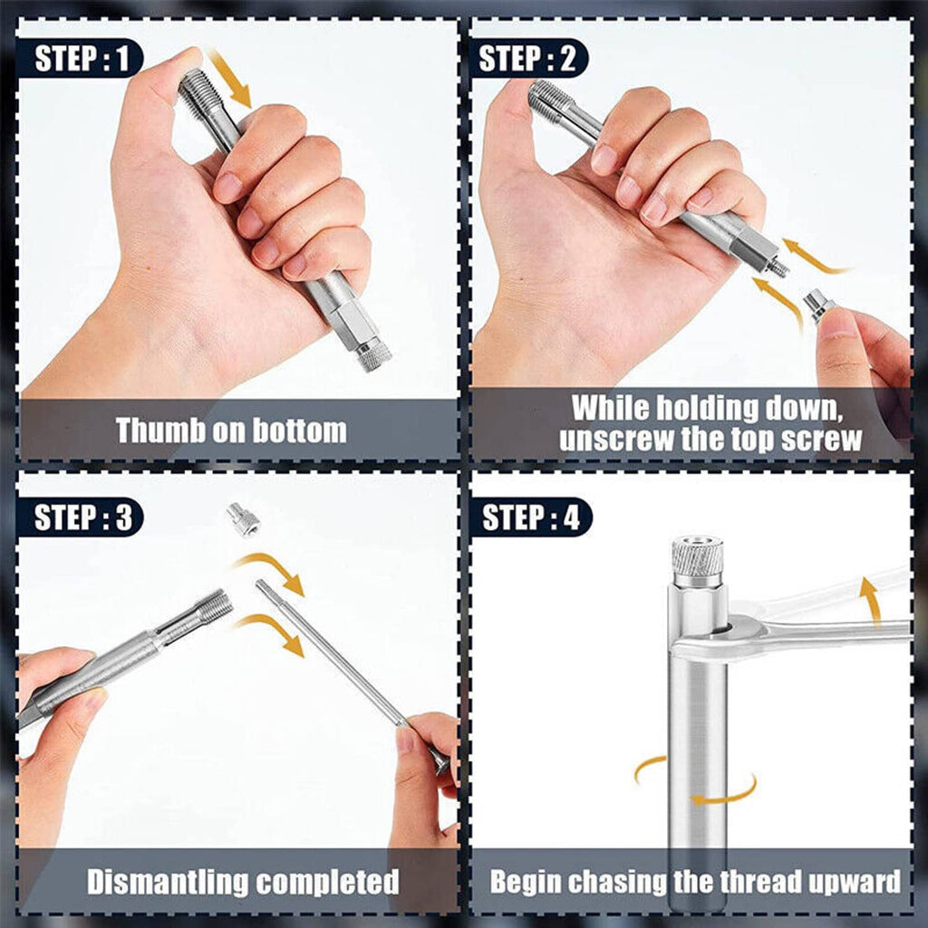 Silver back tap thread repair tool shown during use steps with hand-held grip