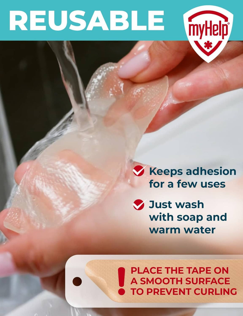 Beige silicone scar tape being rinsed under running water, reusable care